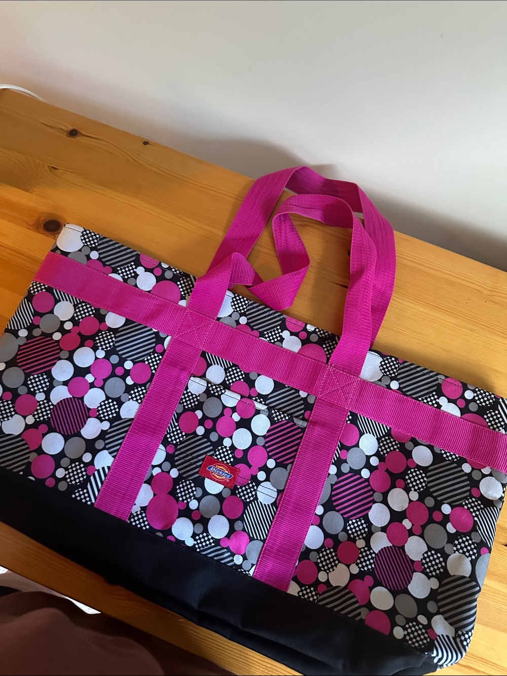 Dickies Black Canvas Tote with Pink Dot Pattern and Hot Pink Straps